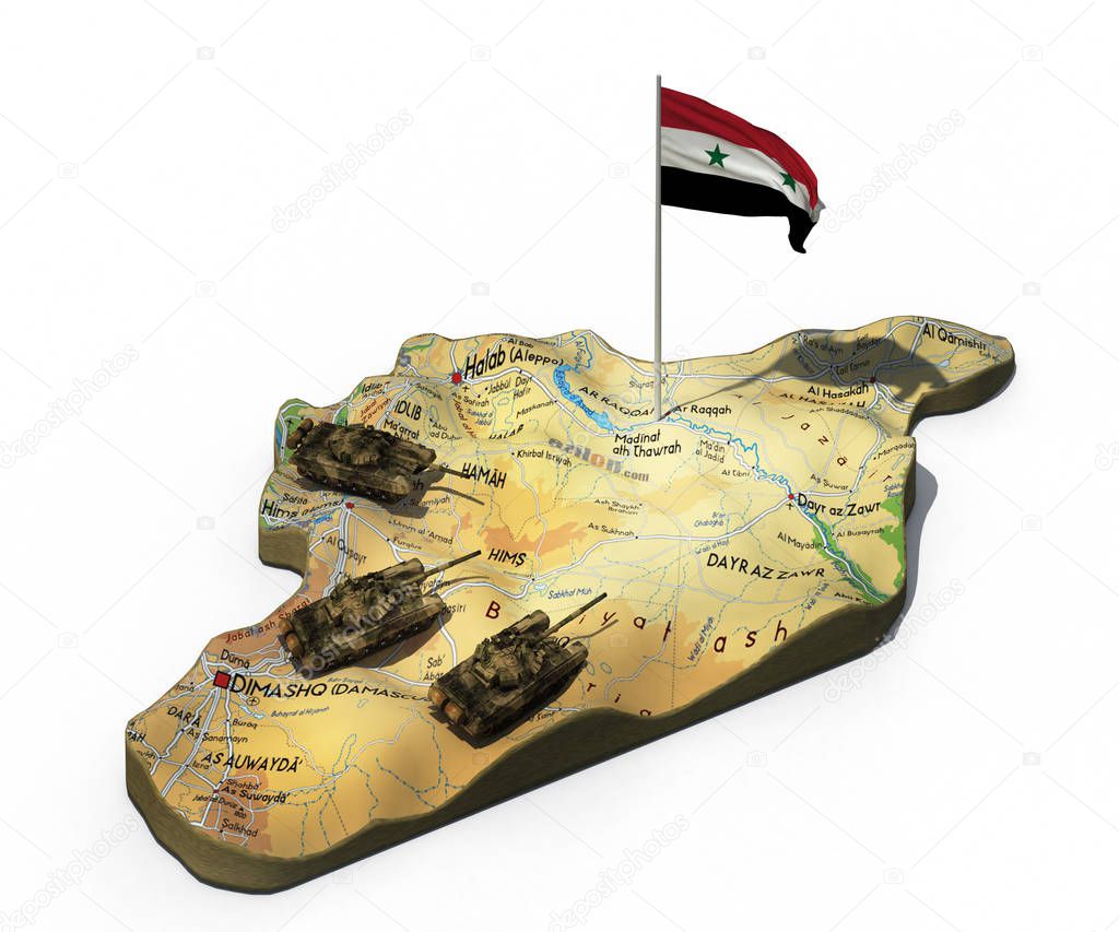 3d illustration of Syria map with tanks and flag isolated on white 