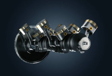 3d illustration of engine. Motor parts as crankshaft, pistons in motion. clipart