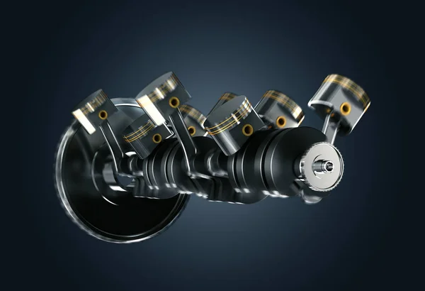 3D illustration av motorn. Motor delar som vevaxel, kolvar i rörelse. — Stockfoto