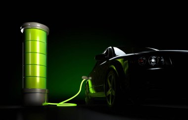 Elektrikli Araba 3D çizimi için büyük pil bağlı. Elektrikli otomobil şarj konsepti