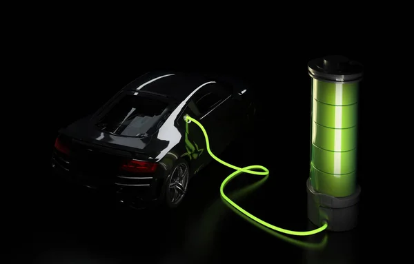 3d ілюстрація електричного автомобіля, підключеного до великої батареї. Концепція заряджання електромобіля — стокове фото