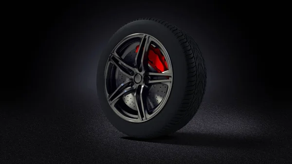 3D illustration of car rim and tyre standing on asphalt — Stock Photo, Image