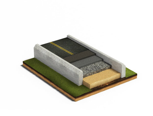 3D иллюстрация асфальтобетонной дорожки на поперечном сечении грунта
