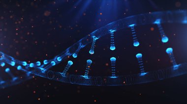 A particulate 3D rendered DNA on a blue bokeh background. clipart