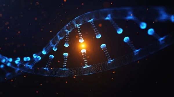 Uma partícula 3D renderizada DNA em um fundo azul bokeh . — Fotografia de Stock