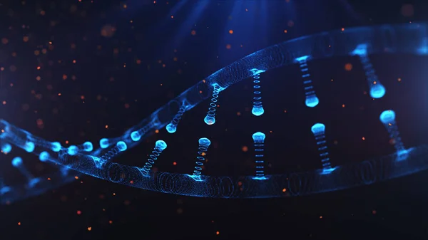 En partiklar 3d-renderade Dna på en blå bokeh bakgrund. — Stockfoto