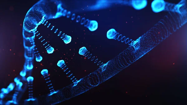 Un particolato 3D ha reso il DNA su uno sfondo blu bokeh . — Foto Stock