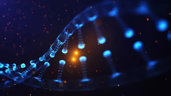 Egy részecske 3d renderelt DNS bokeh kék háttérrel. — Stock Fotó