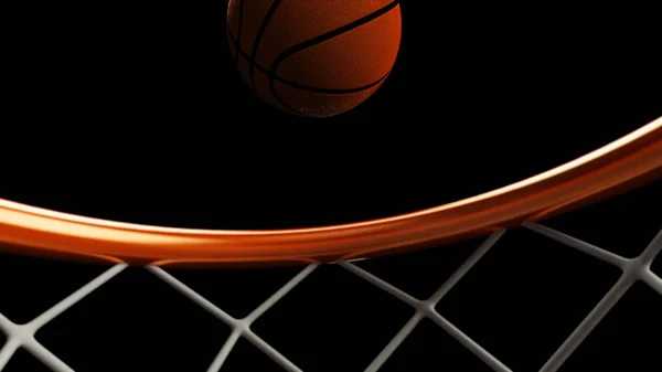 3D illustration av basket boll faller i en hoop — Stockfoto