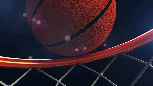 3D-Illustration eines Basketballs, der in einen Korb fällt — Stockfoto