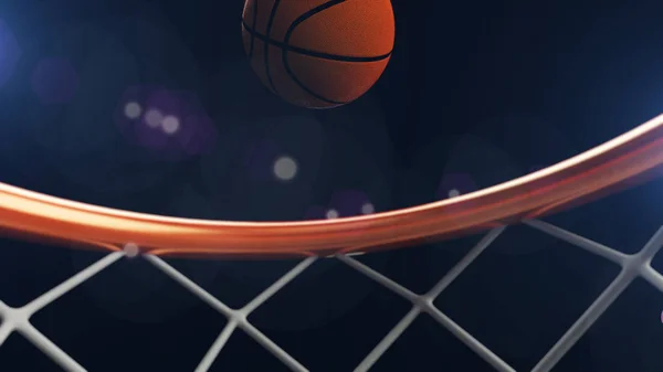 Ilustração 3D da bola de basquete caindo em um aro — Fotografia de Stock