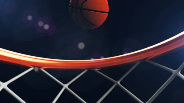Illustration 3D d'une balle de basket tombant dans un cerceau — Photo