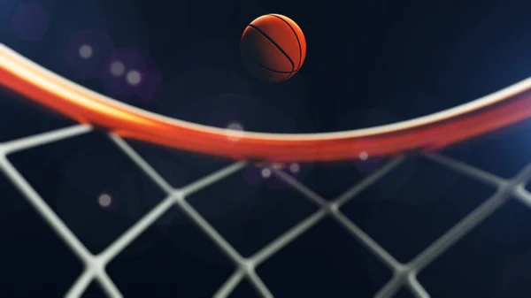 3D illustration av basket boll faller i en hoop — Stockfoto