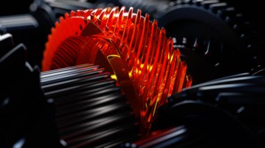 motoru Dişli tekerlekleri, closeup görünümü 3D çizimi