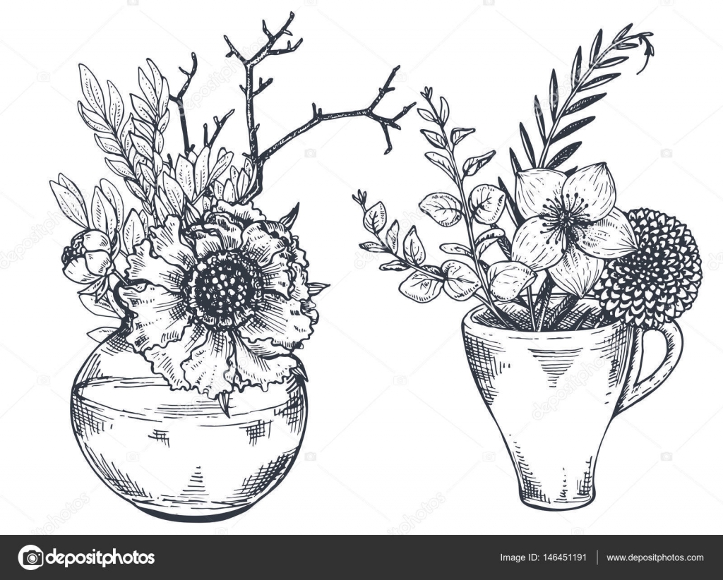 Bouquet con piante in vasi di vasi e fiori disegnati a mano — Vettoriale Stock