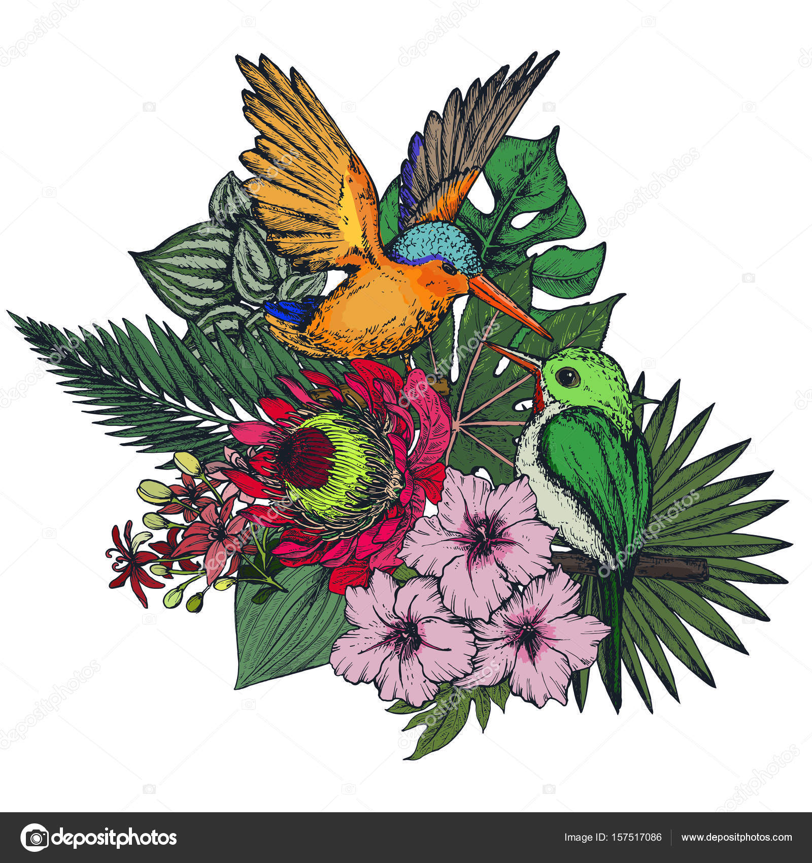 posizione in vettore di fiori tropicali colorati foglie di Palma giungla di piante bouquet di paradiso con uccelli esotici