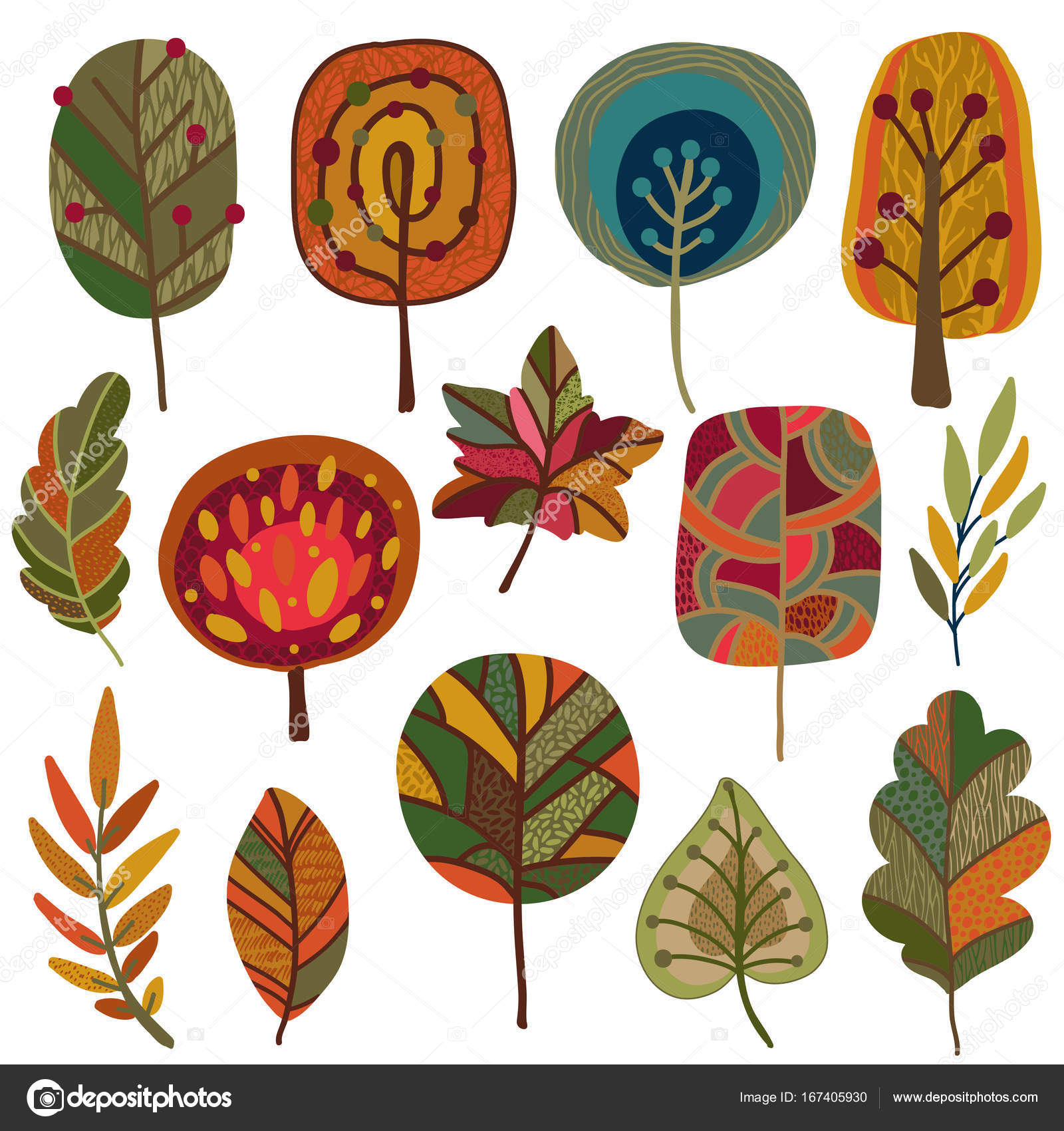 Impostare con bello brillante colorato di caduta foglie e alberi — Vettoriali di Natality