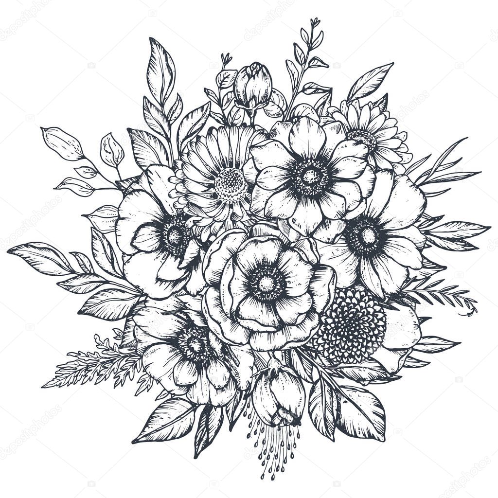 Vektor florale Komposition von Hand gezeichnet Anemone Blumen