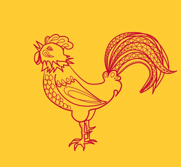 Gallo de contorno rojo sobre fondo amarillo — Archivo Imágenes Vectoriales