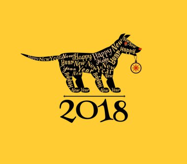 Yeni yıl tebrik. Kontur üzerinde yazıtlar köpekle silüeti