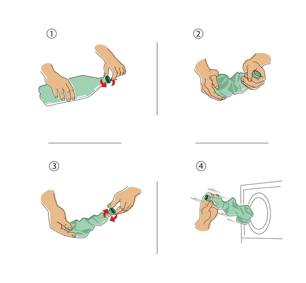 İnsan eli ile dört fotoğraf. Plastik şişeleri geri dönüşüm için sıralı adımları.