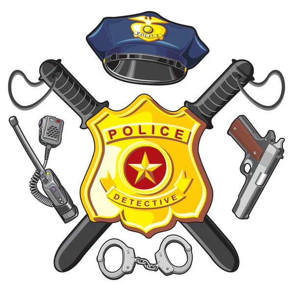 Insignia, pistola y porras de la policía — Vector de stock