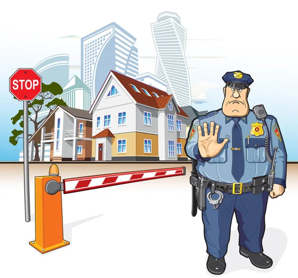 Police patrouille, shérif, stop signe, barrière . — Image vectorielle