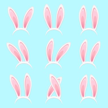 Paskalya tavşanı kulak etiketi koleksiyonu. Tavşan kulaklı maskeler mavi arka planda izole edilmiş. Vektör illüstrasyonu