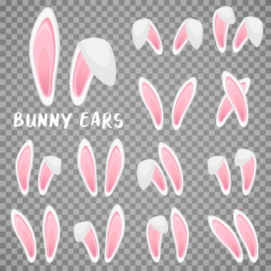 Easter bunny ears stickers collection. Set of masks Rabbit ear on transparent background. Vector illustration clipart