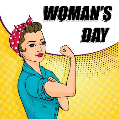 We Can Do It girl. Womens symbol of female power, woman rights, feminism or protest. Doodle cartoon character in comic style. clipart