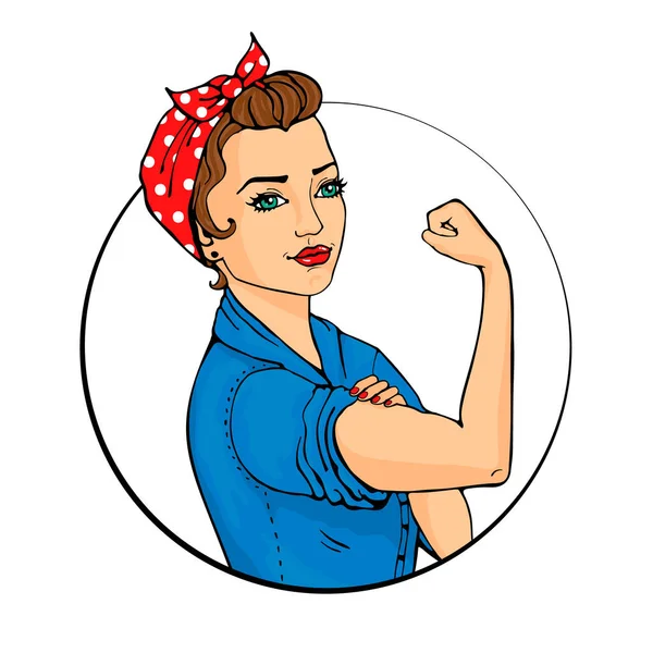 Bunu yapabiliriz, komik kadın. Pop art seksi güçlü kız beyaz arka planda daire çiziyor. Klasik Amerikan kadın gücü, kadın hakları, feminizm sembolü. Retro biçiminde vektör renkli illüstrasyon.