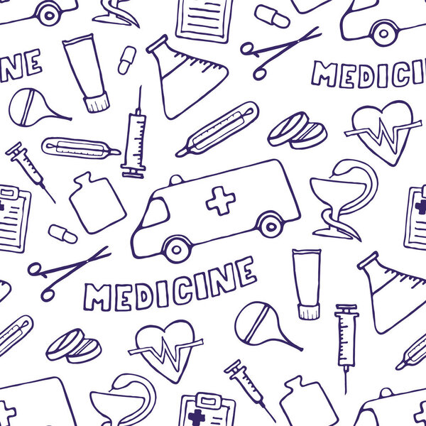 Medicine seamless doodle pattern for your design. Hand drawn Health care, pharmacy, medical cartoon background. Vector illustrations eps 10.