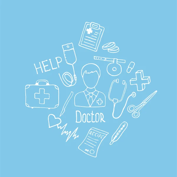 Conjunto Iconos Medicina Doodle Para Diseño Salud Dibujado Mano Farmacia — Archivo Imágenes Vectoriales