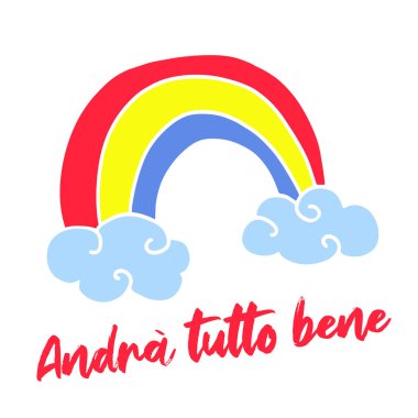 İtalyanca her şey iyi olacak - Andra tutto bene. Basit Gökkuşağı ve bulutlar karalama ikonu. Koronavirüs salgınında umut sembolü. Vektör illüstrasyonu.