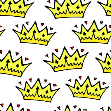 Karalama kusursuz deseni taçlandırır. Elle çizilmiş lüks arka plan. Tatlı bebek, küçük prenses ya da çocuk odası için kraliyet tasarımı, posterler, kutlamalar. Vektör illüstrasyonu.