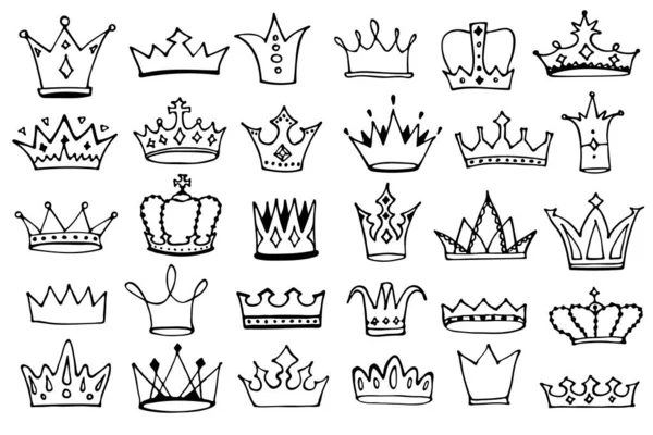 Coleção Doodle Logotipo Coroas Mão Desenhado Ícones Coroa Princesa Conjunto — Vetor de Stock