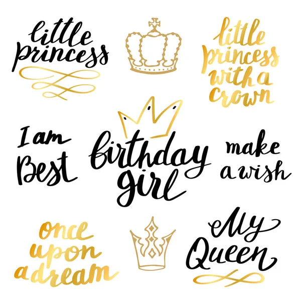 Princesa Festa Aniversário Conjunto Texto Doodle Desenhado Mão Coleção Impressão — Vetor de Stock