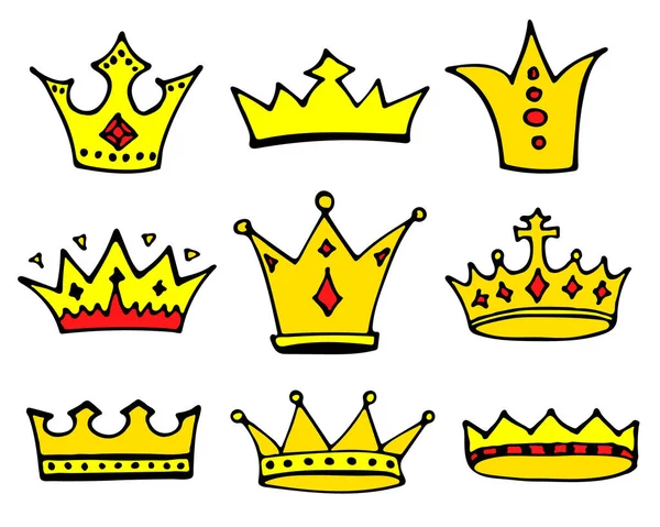 Crowns Logo Karalama Koleksiyonu Elle Çizilmiş Prenses Kraliçe Taç Ikonları — Stok Vektör