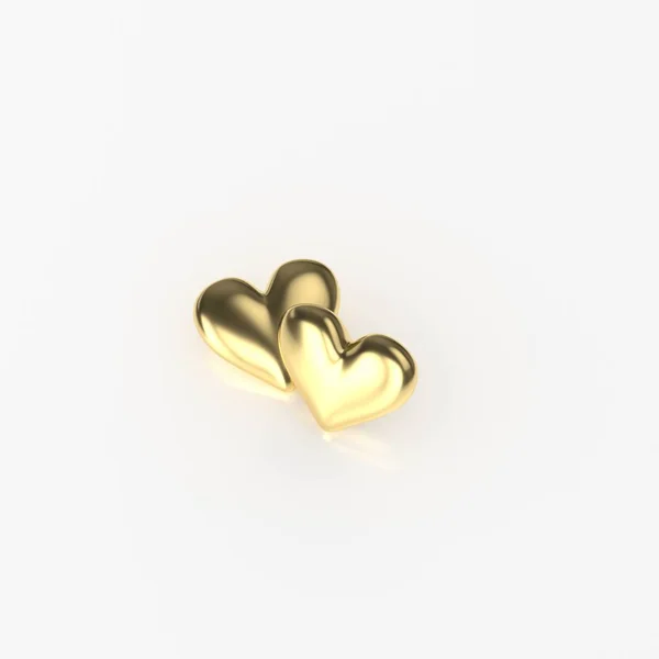 Zwei goldene Herzen. 3D-Rendering auf weißem Hintergrund — Stockfoto