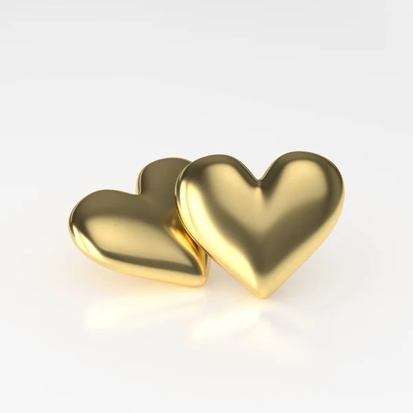 Två gyllene hjärta. 3D render på vit bakgrund — Stockfoto