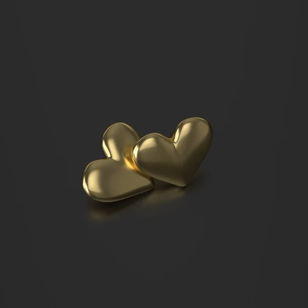 Два Золотых Сердца. 3D Рендер на чёрном фоне — стоковое фото