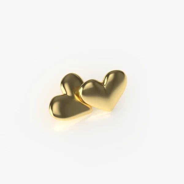 두 개의 황금 심장입니다. 흰색 배경에서 3d 렌더링 — 스톡 사진