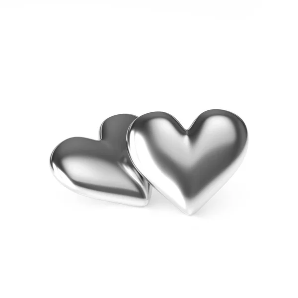 Beyaz arka plan üzerinde iki gümüş kalp. 3D render — Stok fotoğraf