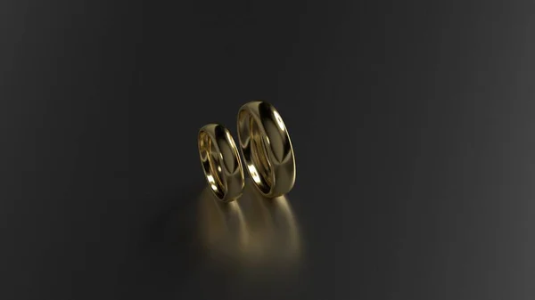 美黄金结婚戒指在黑色背景上。3d 渲染 — 图库照片