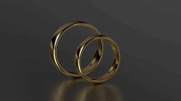 As alianças de casamento de ouro de beleza no fundo preto. Renderização 3d — Fotografia de Stock