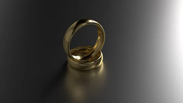 Casal de anéis de casamento de ouro de beleza no fundo preto. Renderização 3d — Fotografia de Stock