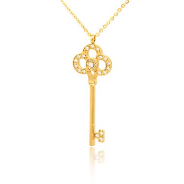 Altın elmas anahtar kolye üzerinde beyaz izole