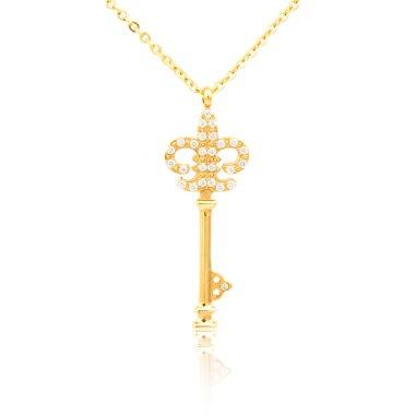 Altın elmas anahtar kolye üzerinde beyaz izole