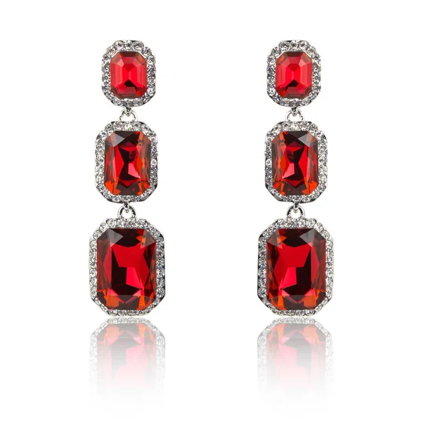 Pair of ruby diamond earrings isolated on white — Stock Photo, Image