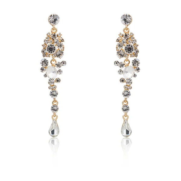 Pair of golden diamond earrings isolated on white — Stock Photo, Image